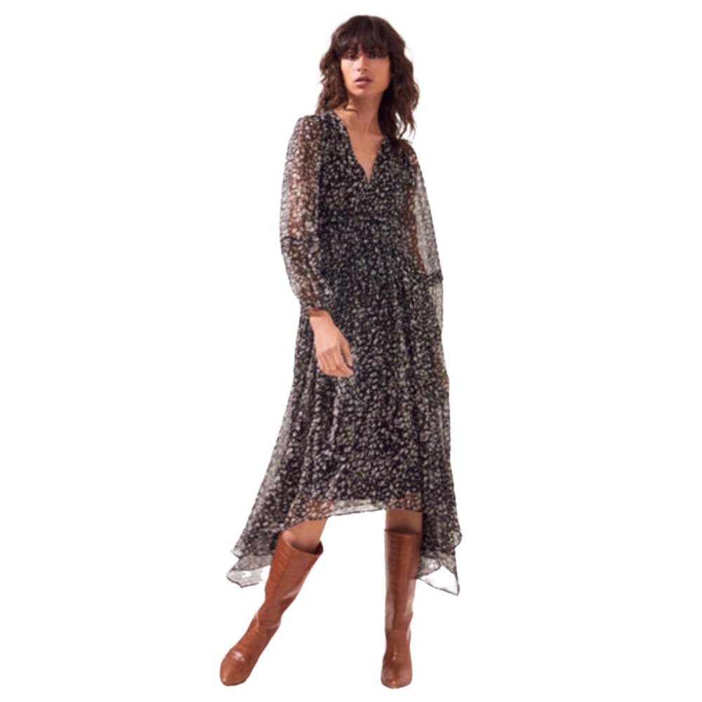 Suncoo Paris | Black and Gray Print Chiffon Midi Chamila Dress